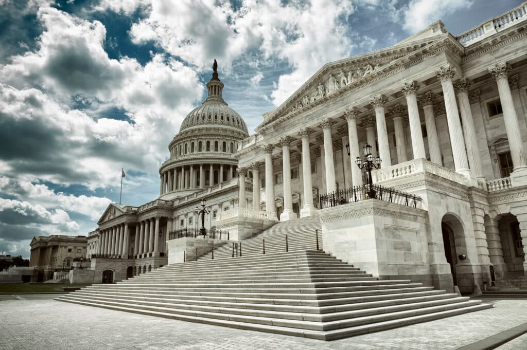 Stark cloudy weather over empty exterior view of the US Capitol