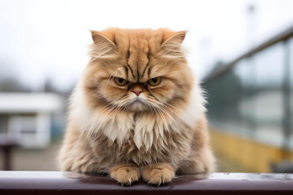 funny portrait of fluffy grumpy cat outdoors