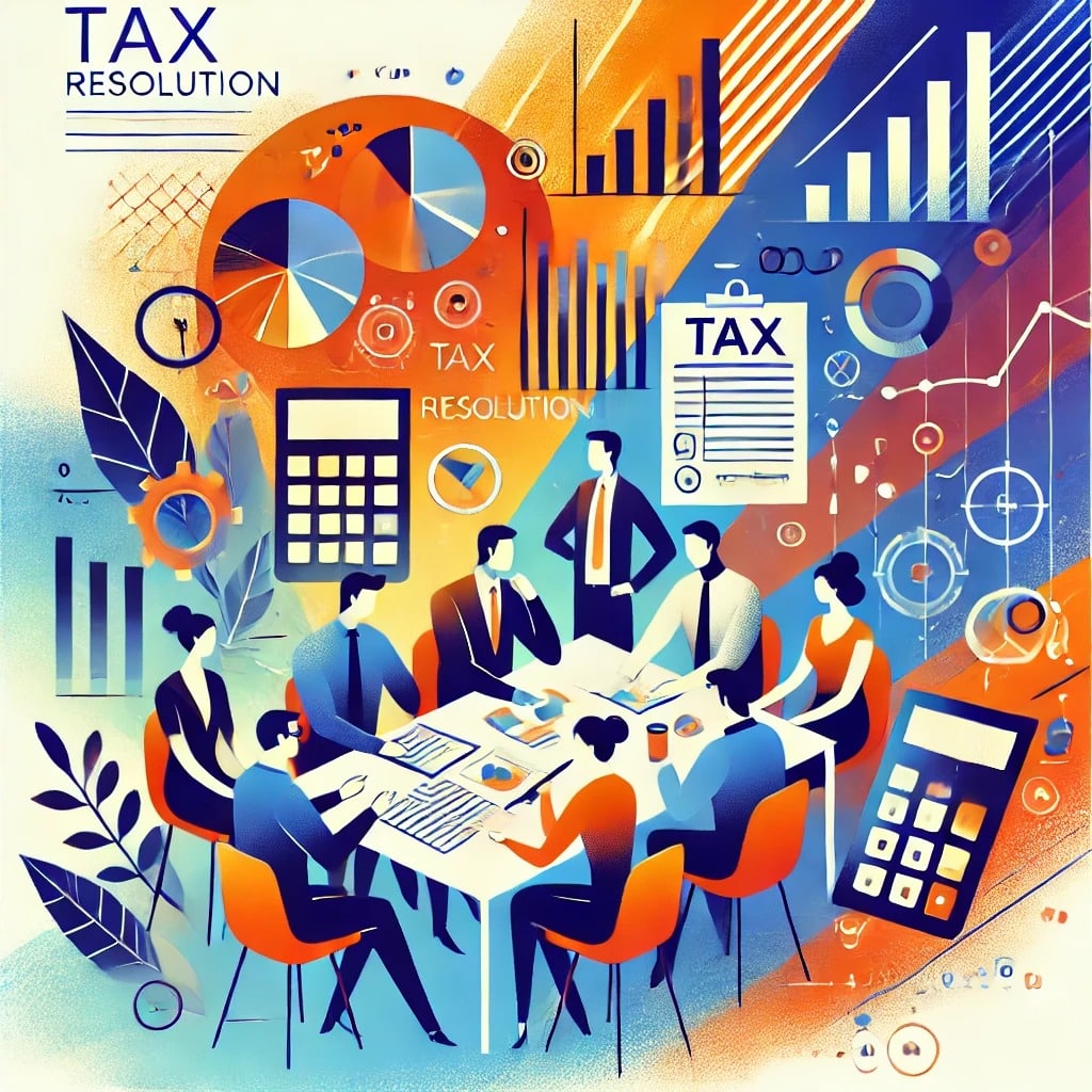 A vibrant illustration of diverse individuals collaborating at a table with documents and calculators. The background features abstract financial graphs and forms, symbolizing teamwork and financial resolution in a colorful, gradient design.